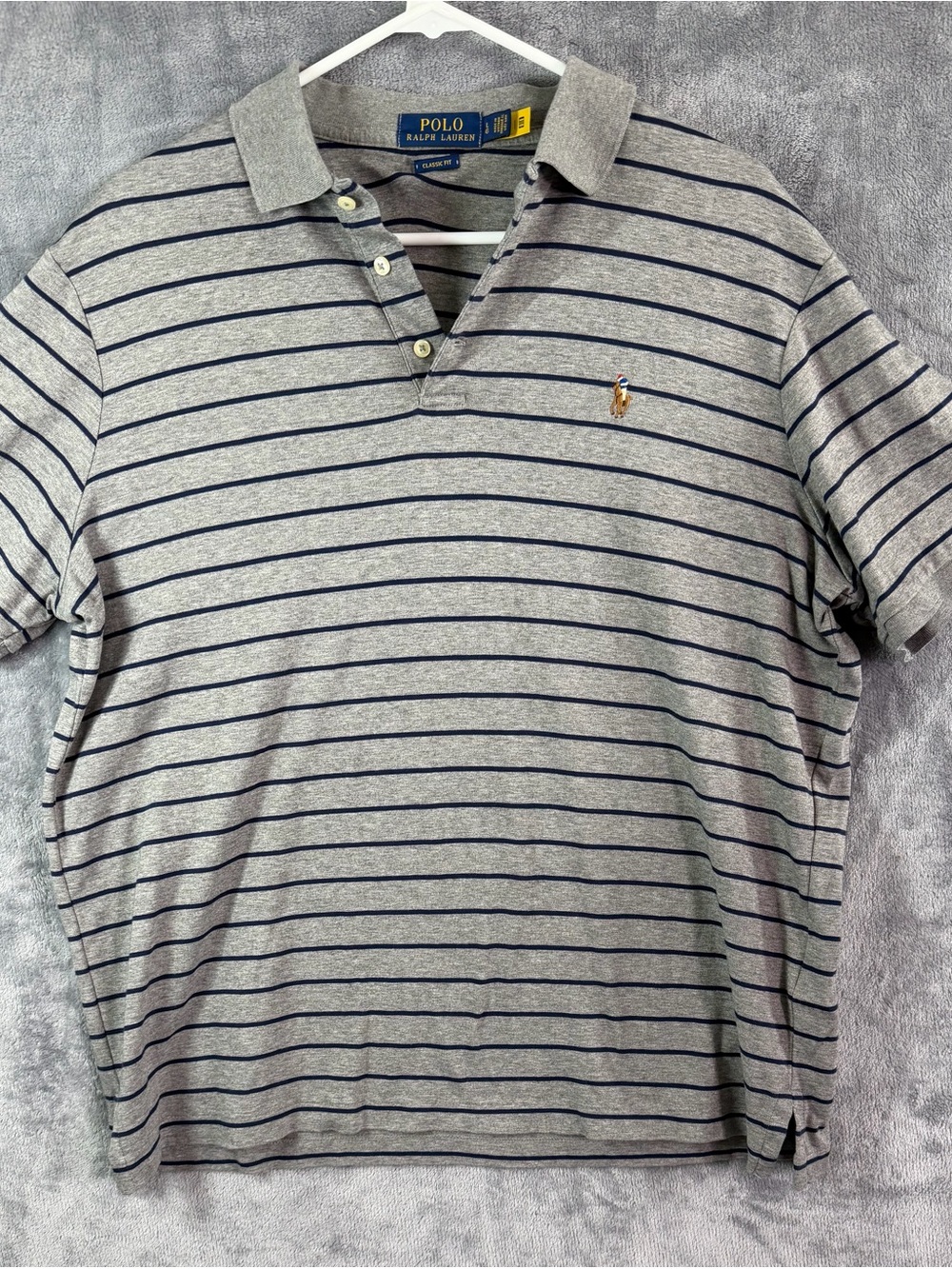 Polo Ralph Lauren Classic Fit Striped Polo Shirt Gray Navy Size Large